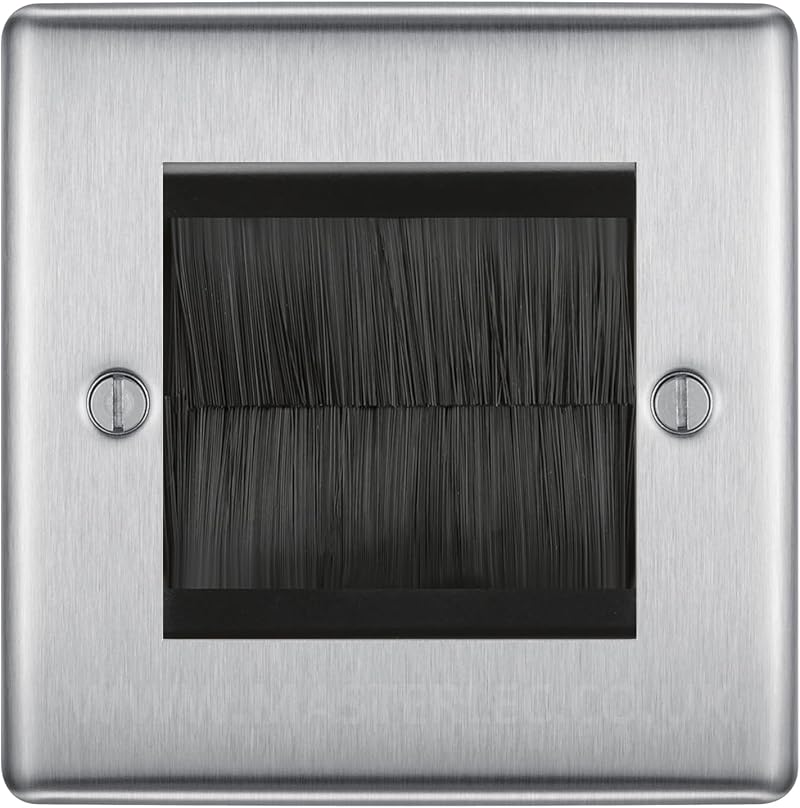 BG Brushed Steel Single 2 Gang Brush Cable Entry Wall Plate Black Insert Square