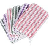 6 Striped Bath Mitts Washcloths, PHOGARY Small Hand Towels with Hanging Loop, 5"x8" Super Absorbent Soft Coral Fleece Face Towels Kid Teen Adult Body Facial Cloths Machine Washable Cloth for Showering