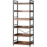 HCHQHS Adjustable 6 Tier Open Bookcase, Rustic Farmhouse Book Shelves, Industrial Wood and Black Metal Bookshelves, Mid Century Bookcase for Home Office Living Room Bedroom