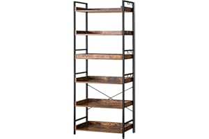 HCHQHS 6 Tier Bookshelf, Adjustable Industrial Bookcase, Vertical Tall Book Shelf, Wood and Black Metal Open Bookshelves for 