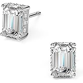 18K White Gold Plated Sterling Silver Emerald Cut Cubic Zirconia Stud Earrings Clear CZ Diamond Stud Earrings for Women Men Hypoallergenic