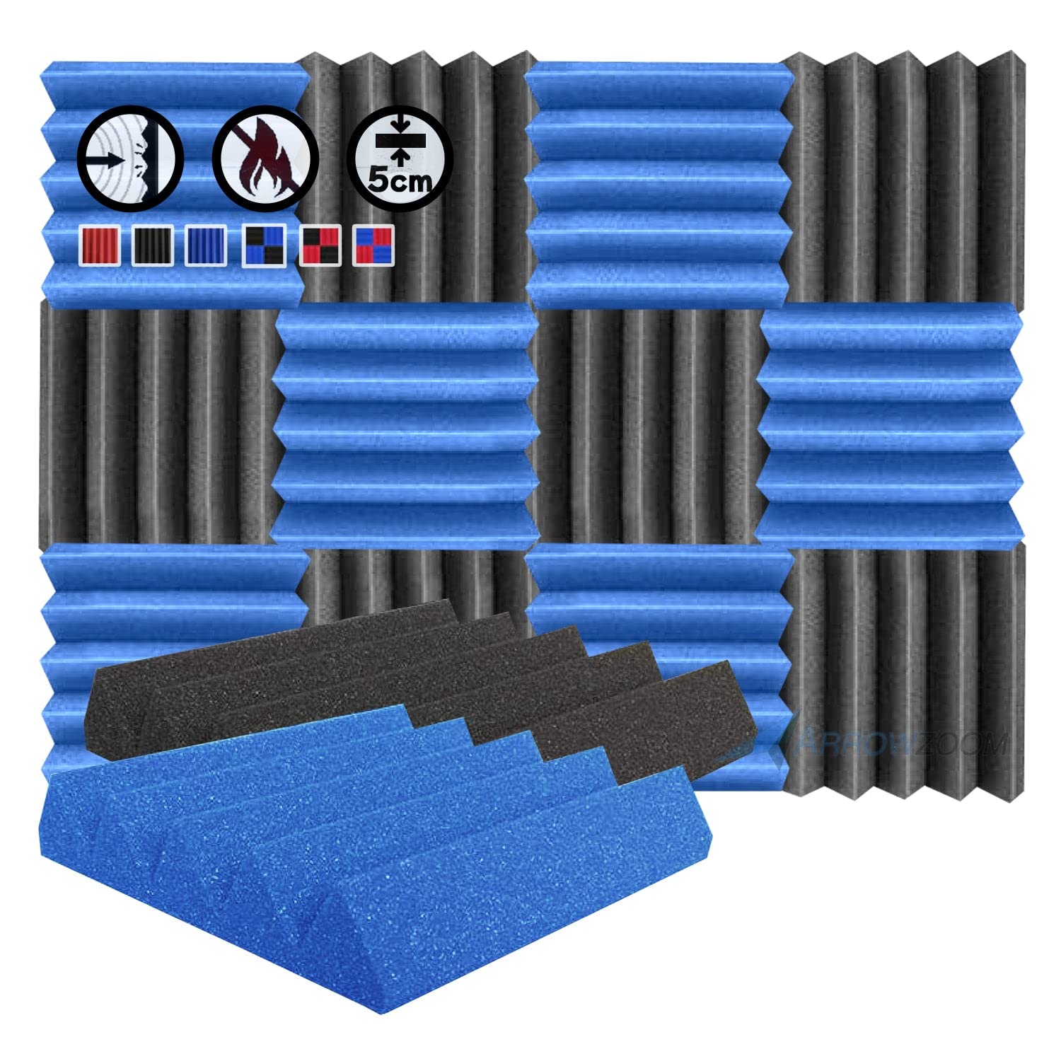 Arrowzoom 12 Acoustic Panels Wedge Sound Absorbing Acoustic Treatment Tiles 25x25x5cm Recording Studio Noise Cancellation 26kg/m3 High Density Walls Dampening Foam Fire Retardant Blue Black 1134