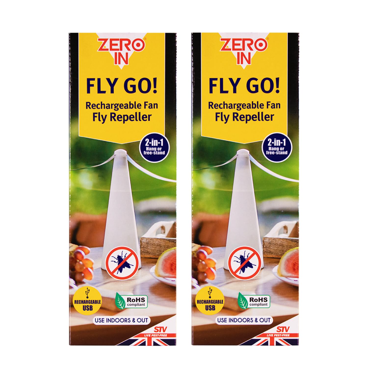 Zero In Fly Go! Fly Repellent Fan - 2 Pack - USB Rechargeable Fly Fans for Tables, Spinner Away Flying Pests, Perfect Outdoor & Indoor Deterrent for Dining, Barbecues and Picnics