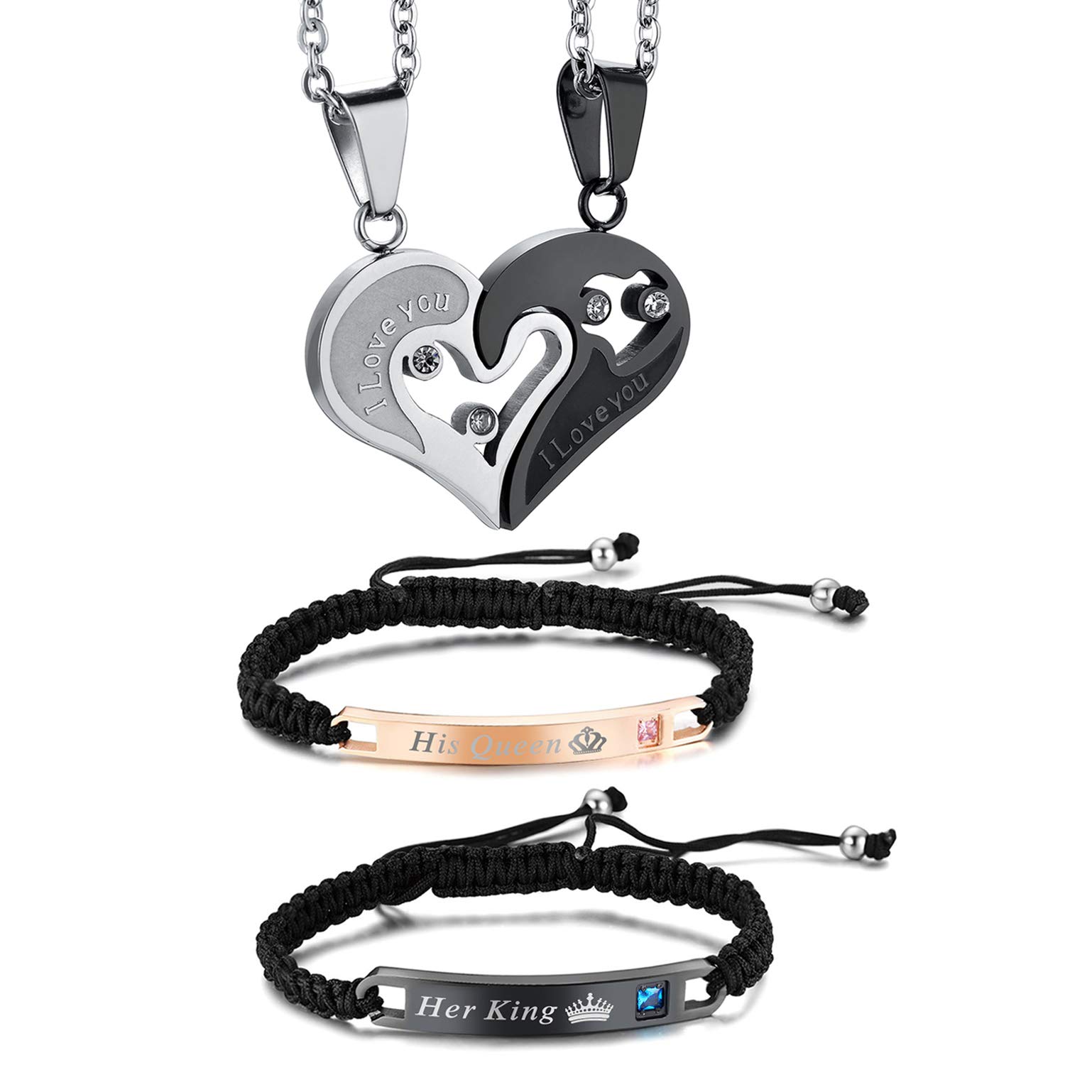 Cupimatch 2 Pairs Couple Matching Necklace Bracelets Set, Stainless Steel Adjustable I Love You Heart Puzzle Necklace His and Hers Bracelets Her King His Queen CZ Relationship Bangle