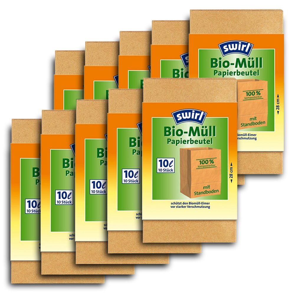 Set of 10 Swirl® organic waste paper bags, 10 litres each, organic waste bags, bin liners, waste bags.