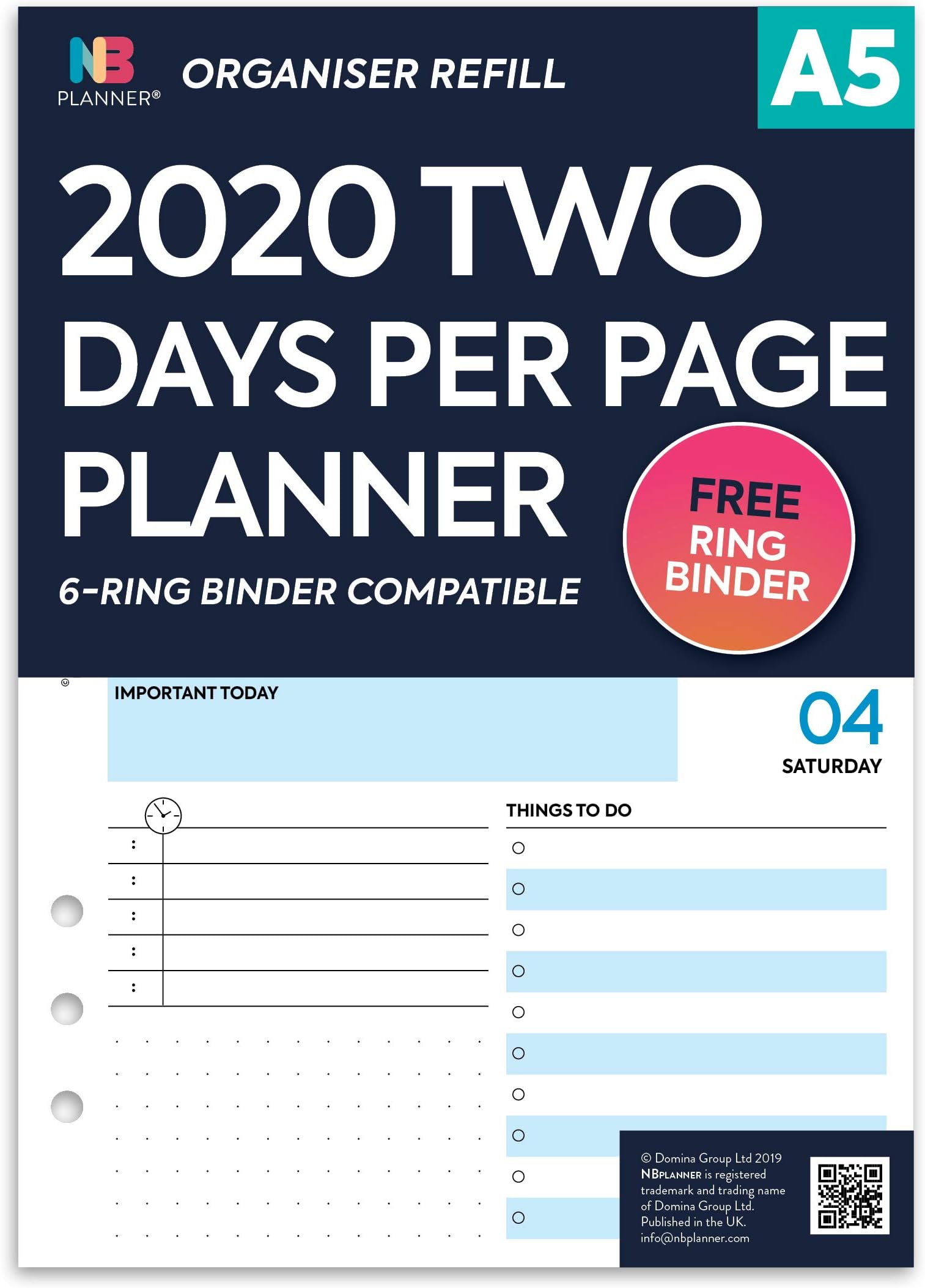 NBplanner 2020 Two Days per Page Planner A5 Organiser Refill Insert Filofax A5 Compatible (2 Days per Page)