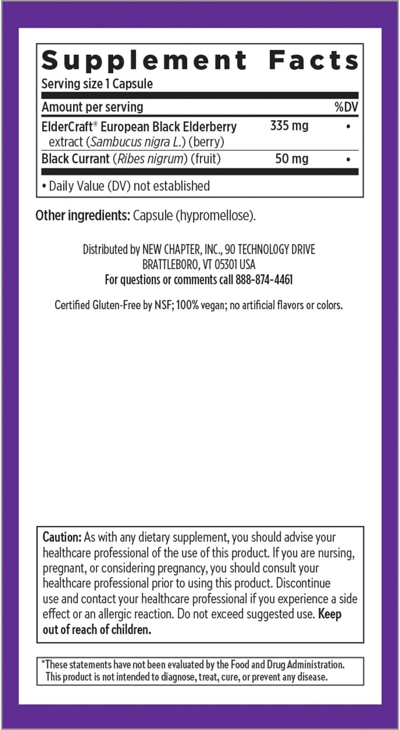 New Chapter Elderberry Capsules, Elderberry Force, with 64x Concentrated Black Elderberry + Black Currant for Immune Support, No Added Sugar, Gluten Free, Vegan - 30 Count: Health & Personal Care