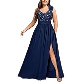 MISSMAY Women's Plus Size Sequined Lace V Neck Sleeveless Slit Vintage Evening Party Formal Maxi Dress