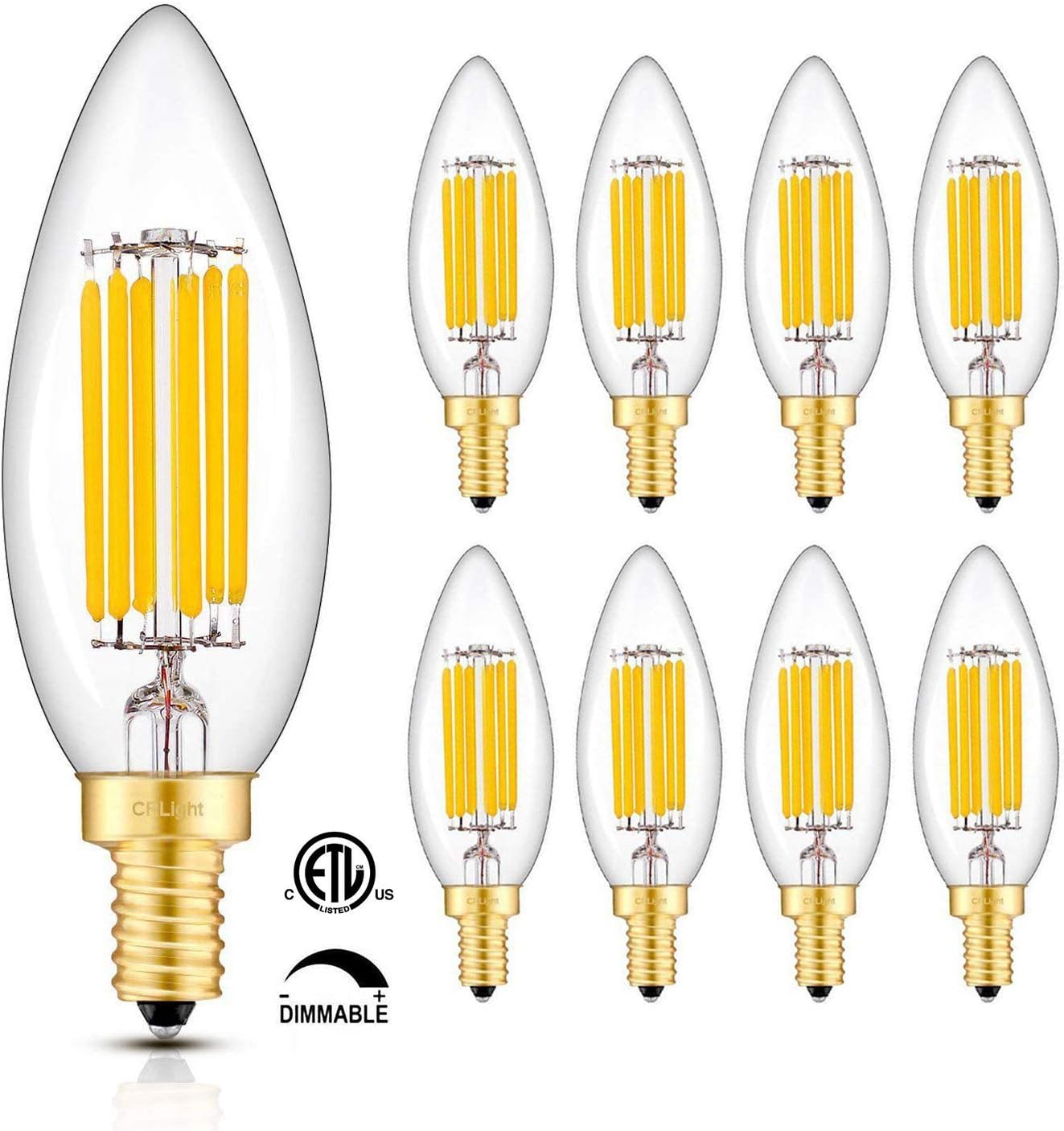 CRLight 6W 3000K Dimmable LED Candelabra Bulb Soft White, 65W Equivalent 650LM, E12 Base LED Filament Chandelier Light Bulbs, Antique Edison Clear Glass B10 Candle Decorative Bulbs, Pack of 8