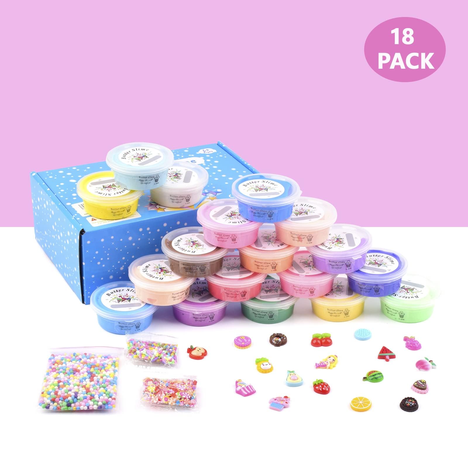 18 Pack Super Soft Butter Slime Kit, with Candy, Ice Cream, Fruit, Cute Fun Charms, Scented Slime Party Favor Gifts for Girls and Boys, DIY Putty Toys for Kids