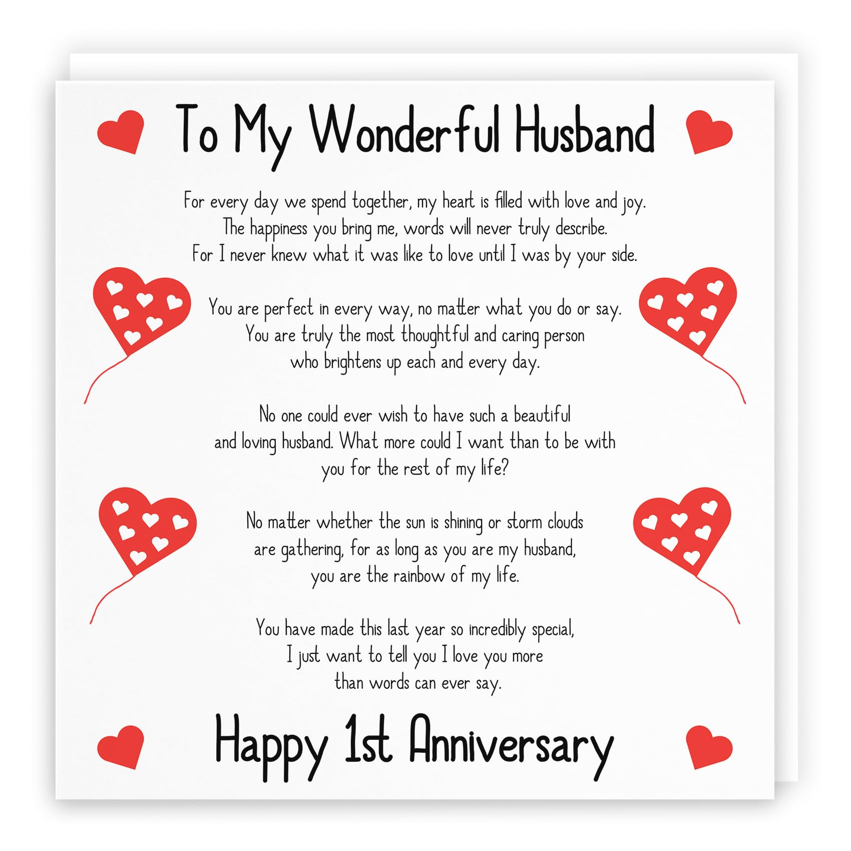 Hunts England - Large Romantic Husband 1st Wedding Anniversary Card - To My Wonderful Husband - Happy 1st Anniversary - Romantic Verses Collection - Large - 210 x 210 mm - 1 Year