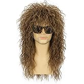 karlery 70s 80s Rocker Metal Mullet Wig Mens Long Curly Light Brown Wig for Halloween Costume Anime Party