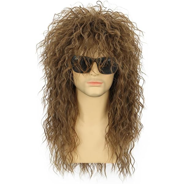 Long Curly Brown & White Gradient Wig - 70s/80s Rocker Mullet Style For Halloween, Cosplay, & Costume Parties