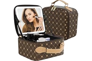 M Y U R E N Travel Makeup Bag With 360° rotating LED Mirror,Waterproof cosmetic organizer,Portability Cosmetic case,Makeup organizer,Gift for Women,Girls Gift (Brown)