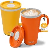 Copco Cone Desk Mugs, 16 Oz - Orange &amp; Mustard, Set of 2 | Double Wall Insulated Cups with Spill Resistant Slide Lid, Wide Mouth Reusable Drinkware for Office, Home &amp; Travel, BPA Free