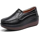 Women's Comfortable Platform Leather Wedge Walking Shoes Fashion Thick Sole Non-Slip Soft Casual Loafers with Arch Support