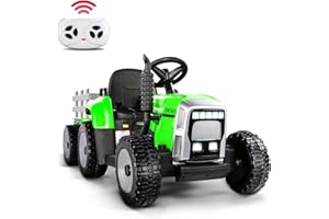 TEOAYEAH 2x35W Powerful Motors EVA Tires Ride on Tractor with Parent Control, 12V 7Ah Kids Electric Tractor Blutooth Music&USB, Detachable Trailer, Safety Belt, 7-LED Lights-Green