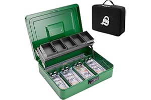 ZYNKORA Locking Cash Box with Carry Bag, Metal Money Box with Money Tray, Durable Lock Safe Box with Key, 4 Bill 5 Coin Slots,Cantilever Design, Large Cash Boxes, Money Saving Organizer