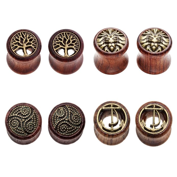 PiercingJ Sono Holz Plug Set 4 Paare 8-20mm Double Flared Sattel Tunnel Plugs Ohrstecker Ohrpiercing Bronze Hohl Baum des Leb