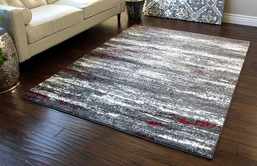 Amazon Com Masada Rugs Stephanie Collection Area Rug Modern Contemporary Design 1102 Grey White Black Red Accent 5 Feet 3 Inch X 7 Feet 3 Inch Kitchen Dining