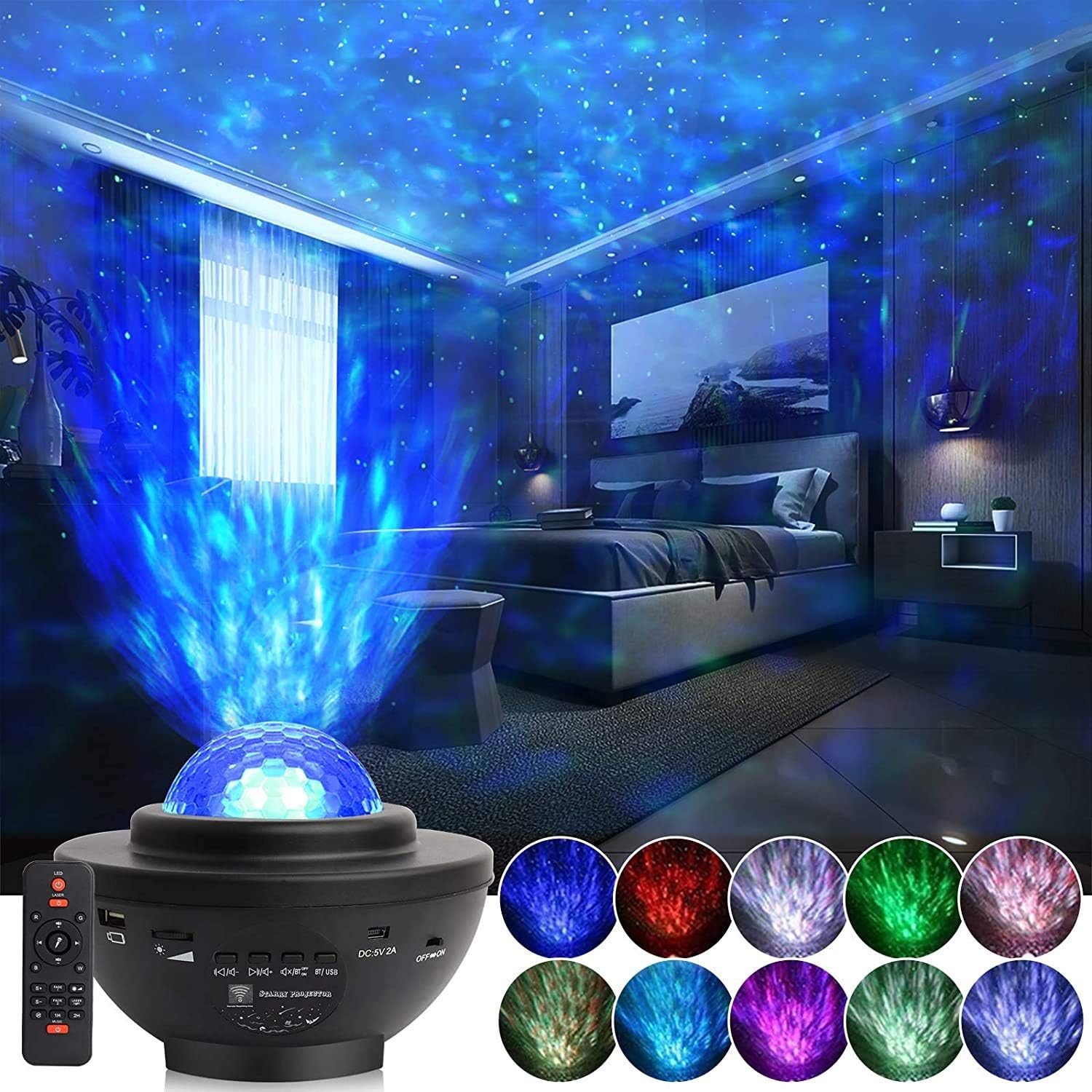 fancywhoop star projector night light led starry sky projection lamp ocean wave projector with remote control 10 colors changing with music speaker