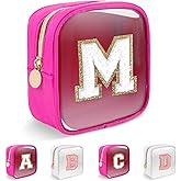 Personalized Initial Letter Clear Preppy Makeup Bag,Mini Nylon Chenille Letter Cosmetic Bag Cute Zipper Pouch Coin Purse for Teen Girls,Portable TSA Approved Travel Essentials Bag Gift for Women,M