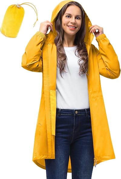 33,000ft Women's Rain Jacket Lightweight Hooded Waterproof Packable Yellow XL/16
