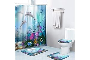 Britimes 4 Piece Shower Curtain Sets, Underwater World Dolphins Plants Completo with Non-Slip Rugs, Toilet Lid Cover and Bath Mat, for Bathroom Decor Set, 72" x 72"