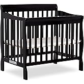 Dream On Me Aden 4-in-1 Convertible Mini Baby Crib in Black, GreenGuard Gold & JPMA, Sustainable Pinewood, Non-Toxic Finish, 