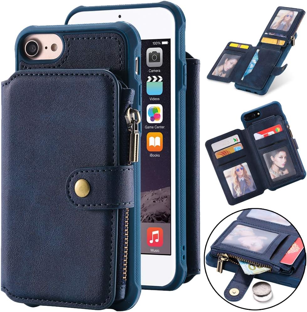 Kudex iPhone 8 Wallet Case,iPhone 7 Case,iPhone 6 Case, Luxury Leather Shockproof Full Protective Credit Card Holder Slot Zipper Kickstand Stand Slim Purse Case Cover for iPhone 8/7/6 4.7'' (Blue)