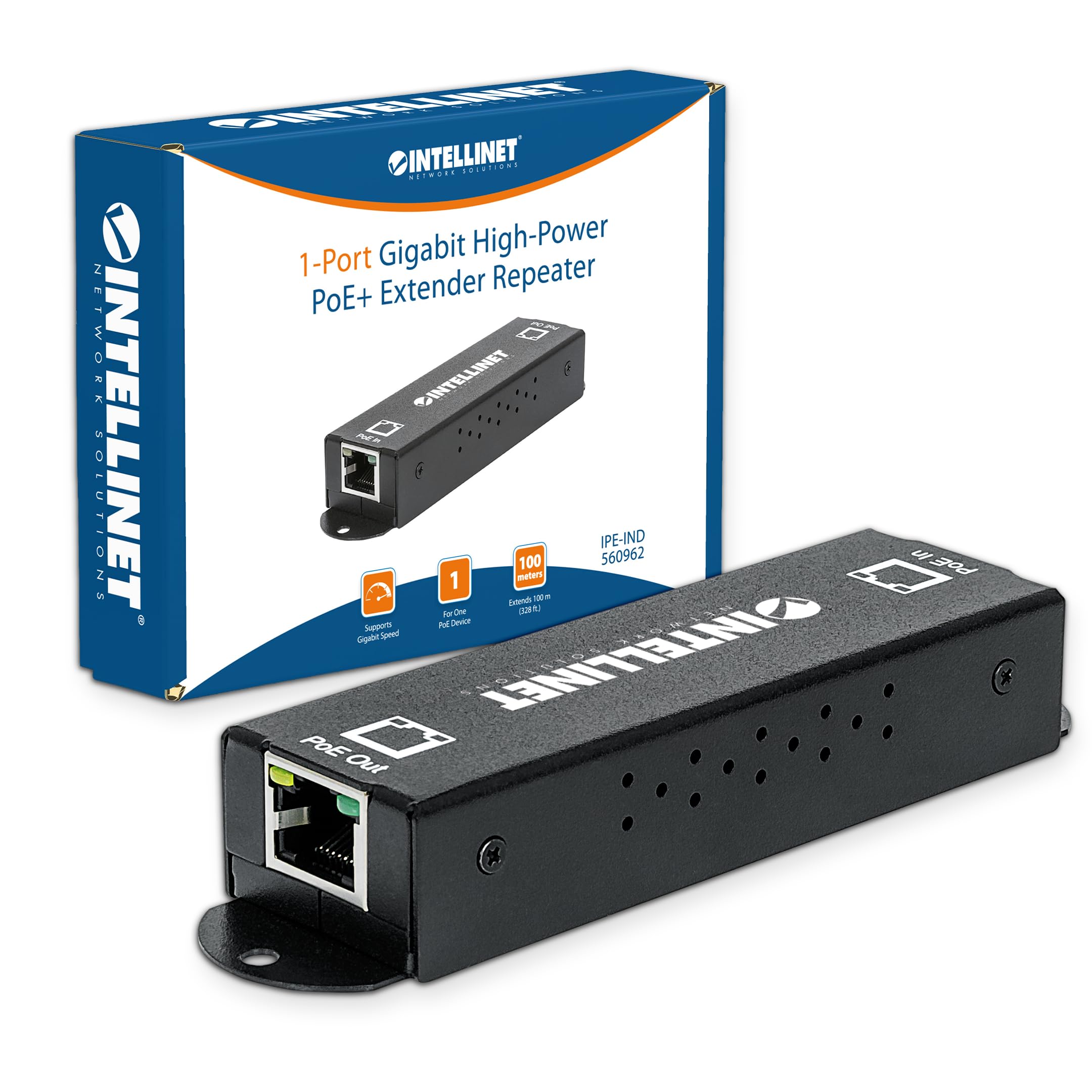 Intellinet Gigabit High-Power PoE+ Extender Repeater, IEEE 802.3at/af Power over Ethernet (PoE+/PoE), metal