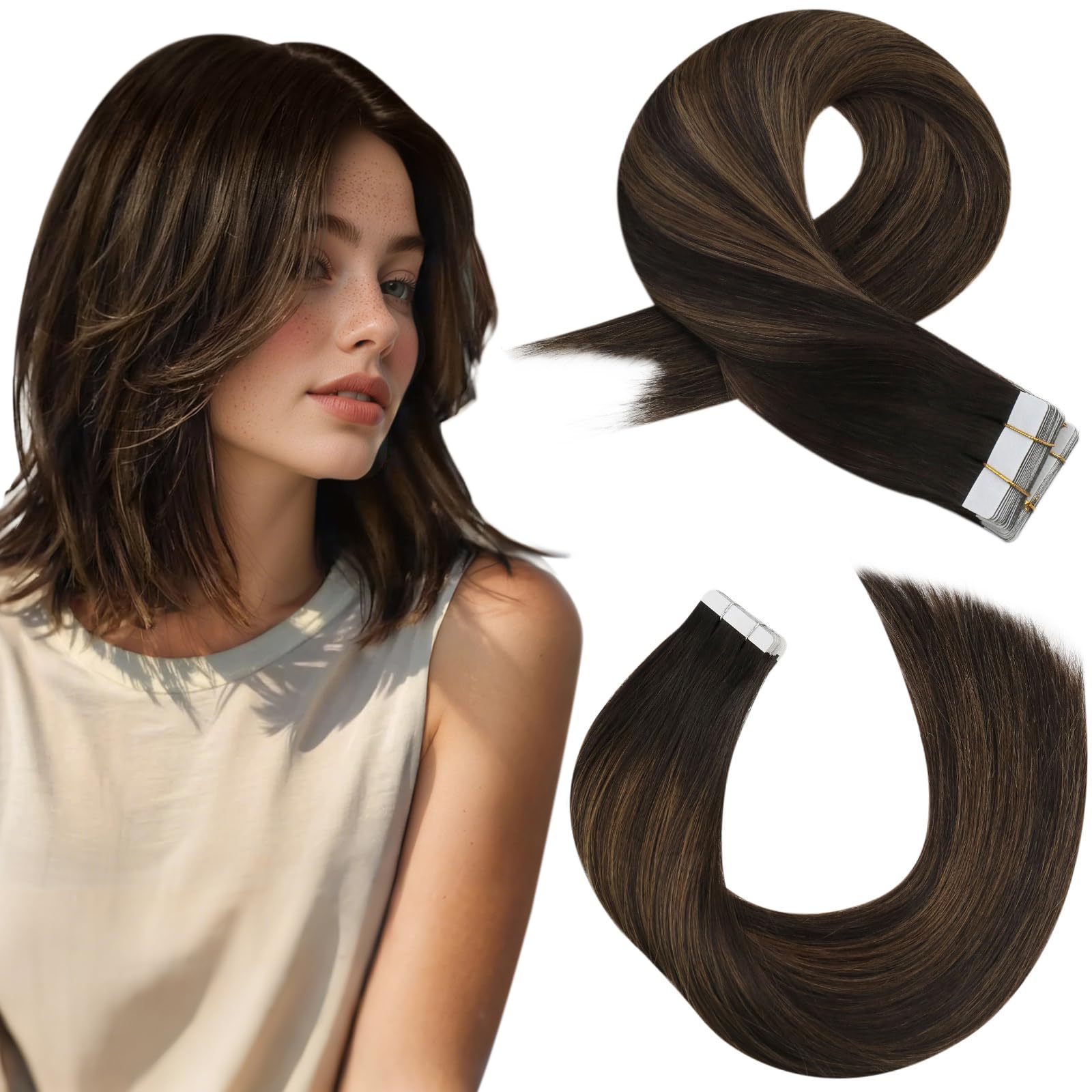 Moresoo Human Hair Extensions Balayage Brown Ombre Real Hair Tape in Extensions 12 Inch 20 Pieces/30g #2/6/2 — image 1