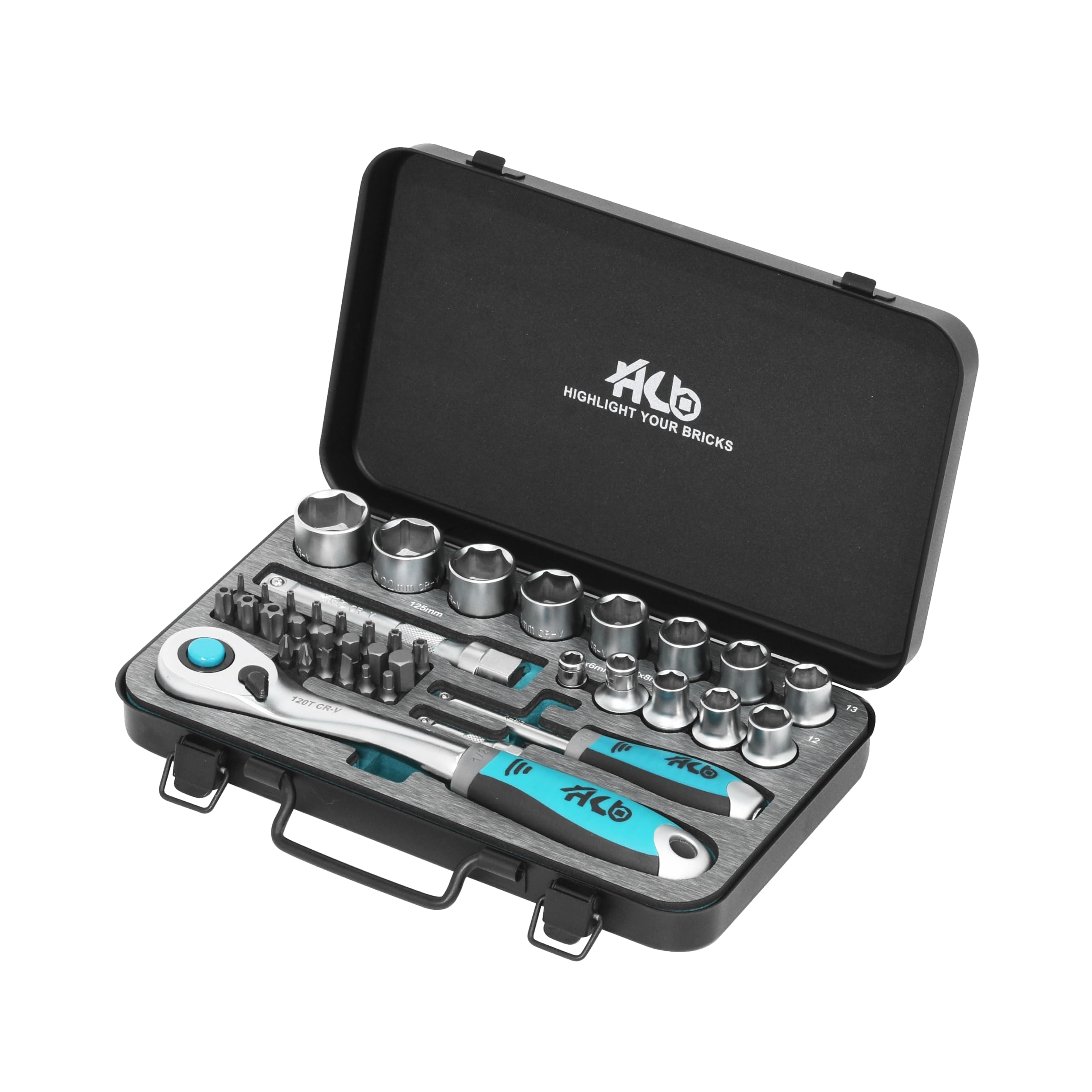 HB 120-Tooth Offset Ratchet Handle 1/2 Inch Drive 43 Piece Socket Set Reversible Quick Release Chrome Vanadium Steel with EVA Insert Metal Storage Case Professional Tools Made in Taiwan AKM015-G