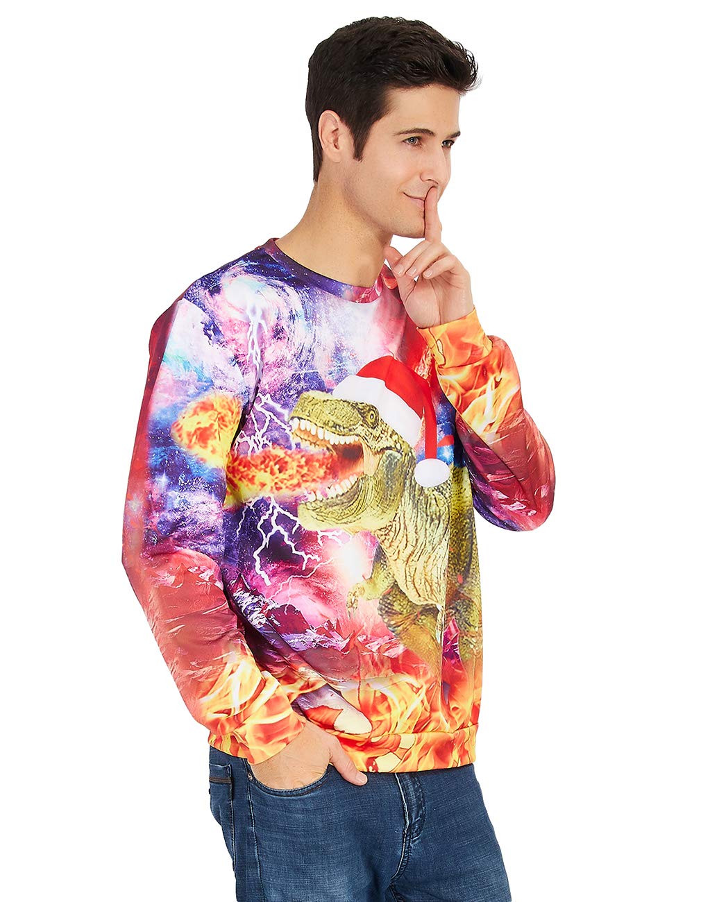 RAISEVERN Unisex Funny Dragon Print Ugly Christmas Sweater Crewneck Sweatshirt Long Sleeved XXL Dinosaur Green