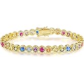 GEMSME 4.0mm Colorful Tennis Link Bracelet, 18K White/Yellow Gold Plated Bezel-Set 4mm Cubic Zirconia Rainbow Tennis Bracelet for Women