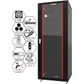 27U Wall Mount Server Rack Cabinet, 19 Inch Network and AV Enclosure, 24 Inch Deep, Locking Glass Door, Fan, PDU, 2 Shelves, for Home Lab