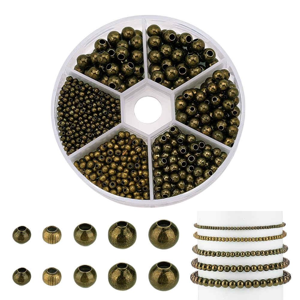 PH PandaHall 1190pcs Brass Spacer Beads, 5 Sizes Antique Bronze Loose Beads Vintage Round Beads for DIY Jewellery Earrings Bracelets Necklace Crafts Making, 2.4mm/3mm/4mm/5mm/6mm, Hole 0.8~3mm