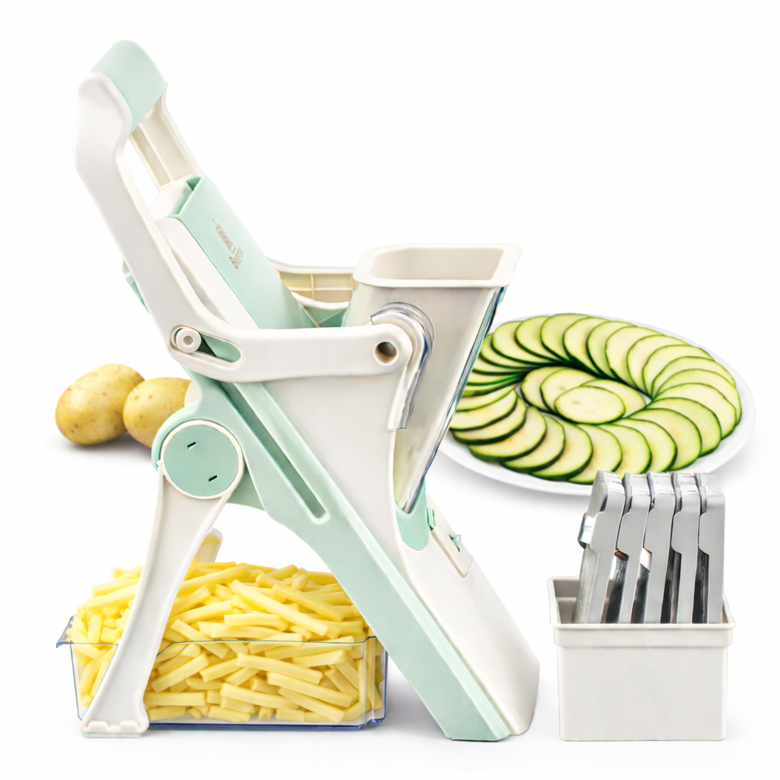 Brieftons Safe Mandoline Vegetable Slicer with 5 Removable Blades to Slice, Julienne, Chip, Chop, Dice Veggies/Fruits, Injury-Free Design, with Catch Container, Cleaning Brush, 5 Recipe Ebooks