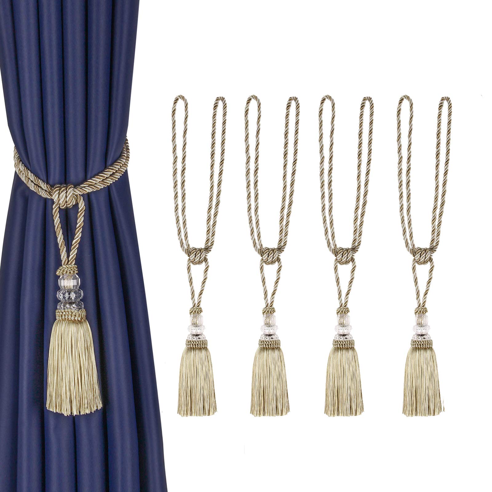 BEL AVENIR 4 Pack Curtain Tiebacks Hand-Woven Crystal Holdbacks Home Decorative Tassels Tiebacks (Mix Beige, 4 Pack)