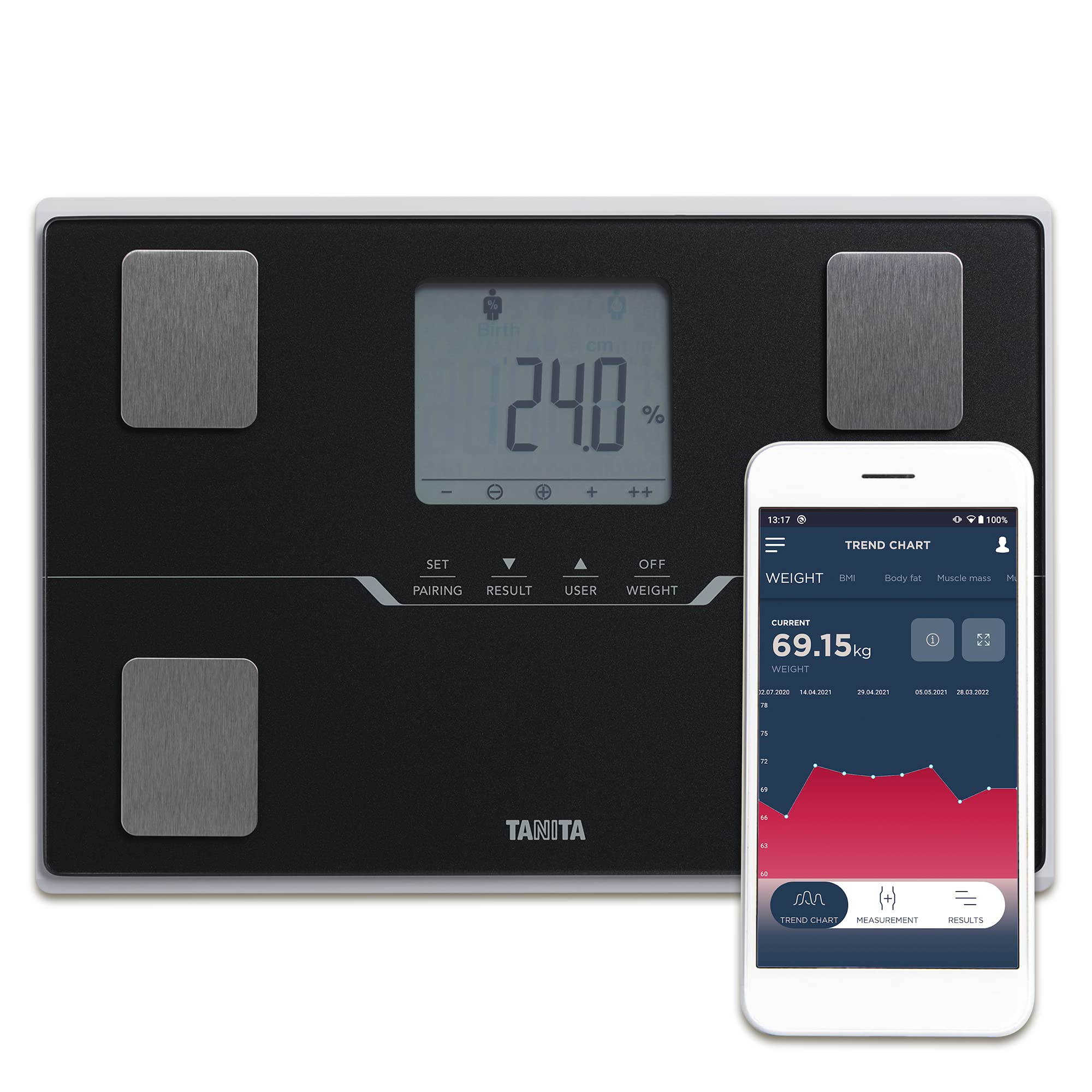 TANITA BC-401 Smart Scales for Body Weight and Fat | Compact Body Composition Scales with Bluetooth App | Family Digital Bathroom Scales for Fitness Tracking, Muscle & Health Analysis – Black