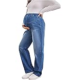 MakeMeChic Women's Maternity Jeans Loose Wide Leg Over The Belly Straight Pregnancy Jeans Denim Pants