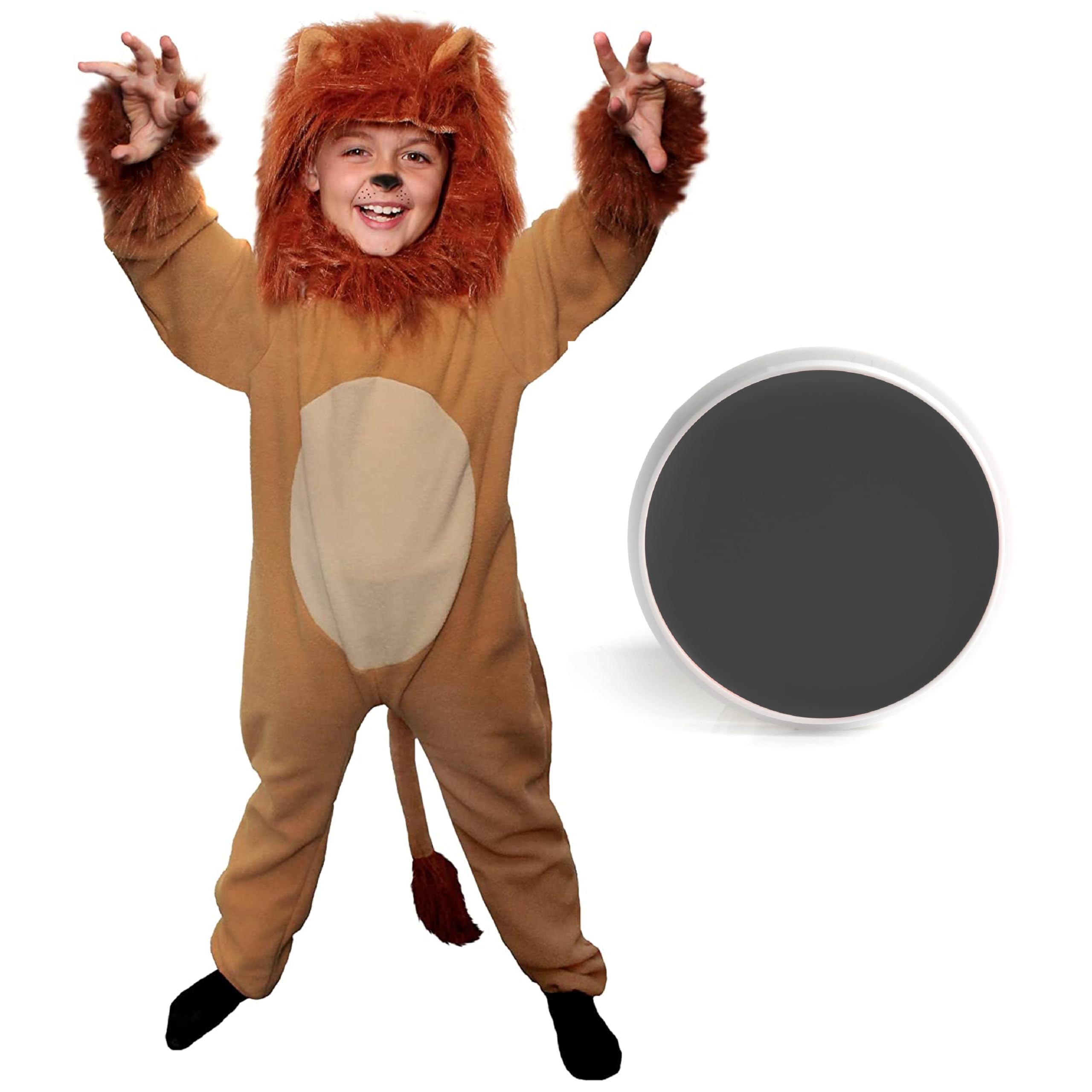 Childs Lion Costume - 2 Piece Lion Fancy Dress Costume With Tail + Separate Maned Hood + Black Facepaint For World Book Day/Book Week