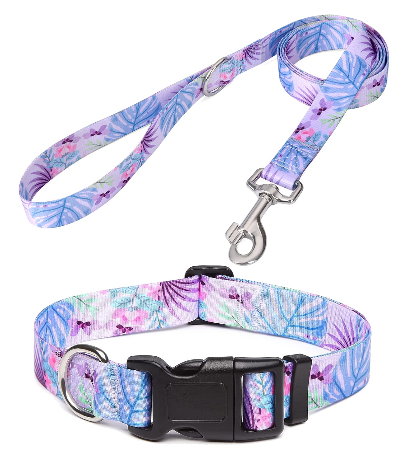Mihqy Dog Collar and Lead Set with Bohemia Floral Tribal Geometric Patterns - Soft Ethnic Style Collar Adjustable for Small Medium Large Dogs(Purple Flower Set,L) — image 1