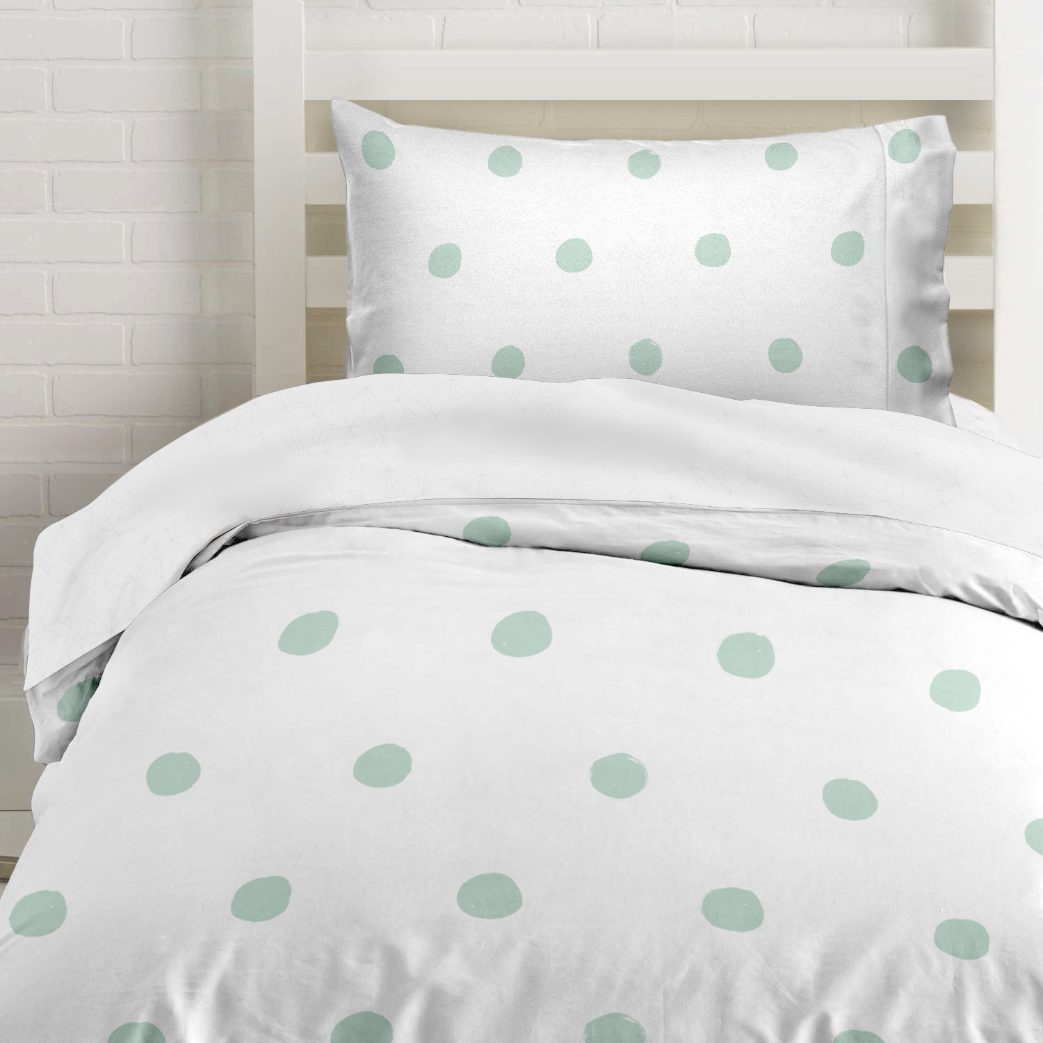 Seafoam Green Polka Dot Duvet Cover Twin Size Bedding, Soft and Wrinkle Free, White and Mint 2 Piece Set