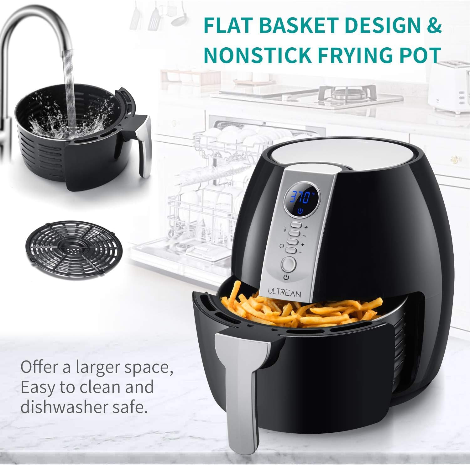 Ultrean Air Fryer, 4.2 Quart (4 Liter) Electric Hot Air Fryers Oven Oilless Cooker with LCD Digital Screen and Nonstick Frying Pot, ETL/UL Certified,1-Year Warranty,1500W (Black): Kitchen & Dining