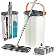 Jelymark Flat Mop and Bucket with Wringer Set, Separates Dirty and Clean Water, 3-Chamber Mop Wet and Dry Use, Not-Hands Squeeze Mops for Floor Cleaning, 4 Reusable Microfiber Mop Pads Included