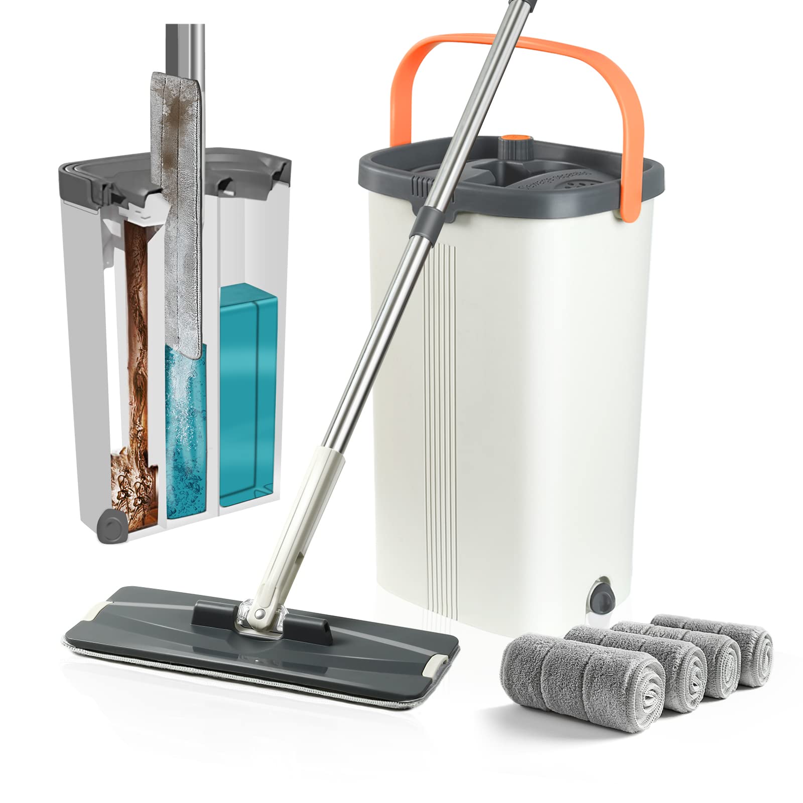 Photo 1 of Jelymark Flat Mop and Bucket with Wringer Set, Separates Dirty and Clean Water, 3-Chamber Mop Wet and Dry Use, Not-Hands Squeeze Mops for Floor Cleaning, 4 Reusable Microfiber Mop Pads Included