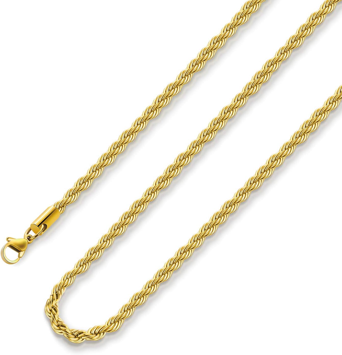 Monily18k Real Gold Plated Rope Chain 1.5mm 2.5mm 5mm Stainless Steel Twist Chain Necklace for Men Women 16 Inches 36 Inches