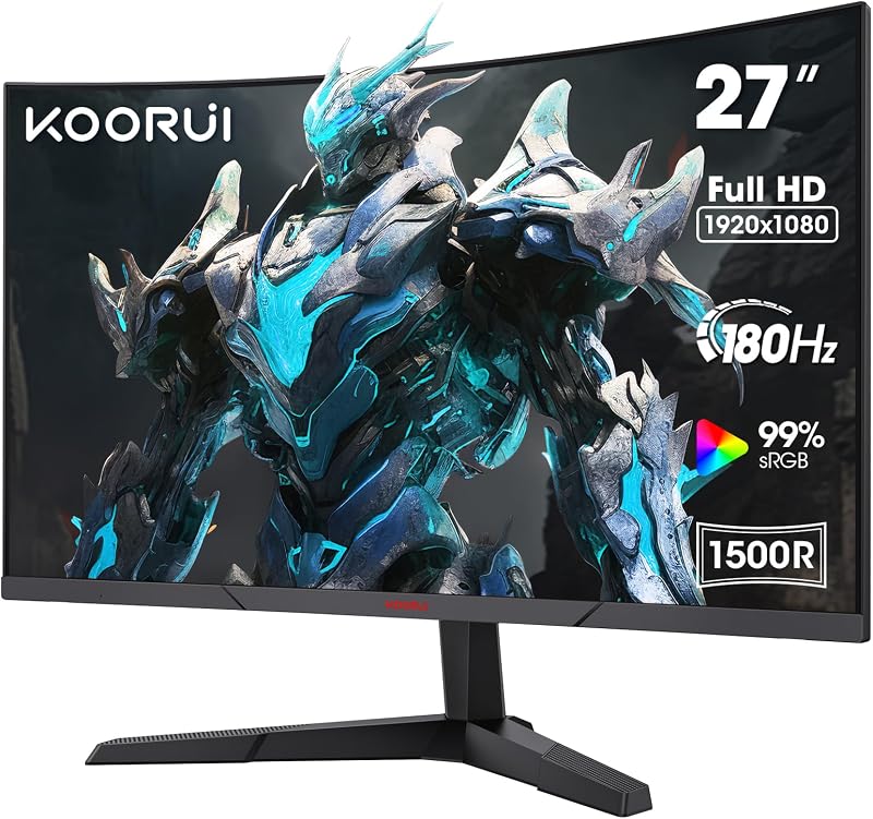 KOORUI 27 Inch Gaming Monitor 1080P Curved 180Hz VA 1ms Adaptive Sync HDMI DP
