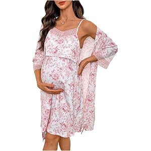MakeMeChic Women's Maternity 2 Piece Pajama Sets Lace Trim Floral Slip Dress 3/4 Sleeve Robe Pregnancy PJ Sets